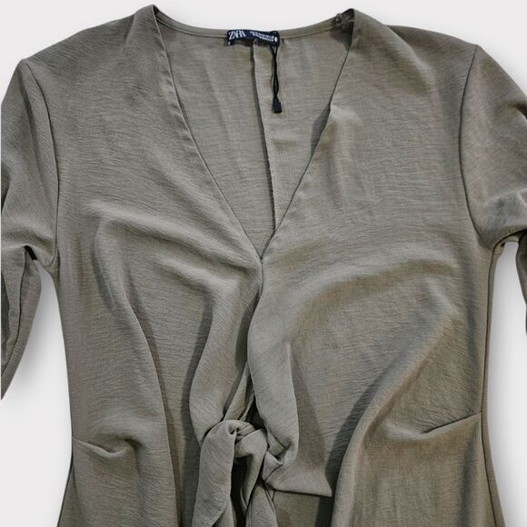 ZARA Fluid Knot Sage Green 3/4 Sleeve Draped Pleated Front Slit Midi Dress M - Picture 9 of 13